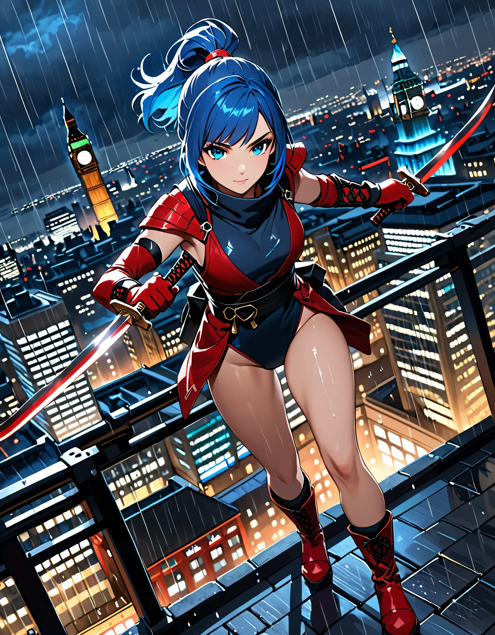 masterpiece, best quality, semi-realistic, solo, solo focus 1girl, blue hair, short hair, ponytail hair, cyan eyes, beautiful detailed eyes, beautiful detailed face, stoic, professional, ninja, red leotard, red tactical gloves, bare legs, matching boots, using daggers, london cityscape, rooftop, dutch angle, night, rain, running to viewer, noir atmosphere.