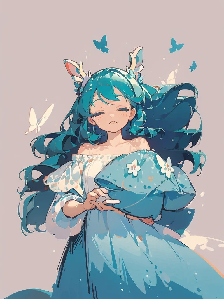 bust-up, 1girl, long tosca blue hair, deer ears, white deer antlers, butterfly hair ornament, blue flower, elegant white off shoulder dress, teaseful expression, splash background, solo, sketch, portrait, simple background