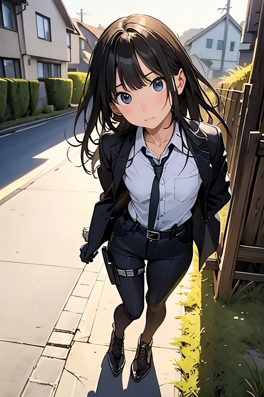 high quality, masterpiece, Ultra-high resolution, (realism: 1.4), Oil painting style, Cinema Lighting, An endless grassland dotted with a few houses, I stood on the empty asphalt road and looked at it., Fairy Mountain々was shrouded in mist, And the suspenders with the cranes flying Moderate breasts Small face holster Lying in bed Looking up Sweat belt summer 脇Sweat Black Hole Gloves suit shirt Black jacket Black trousers Leg Links ズボンにbelt holster Hands behind your back Anxious expression Looking up Anxious face