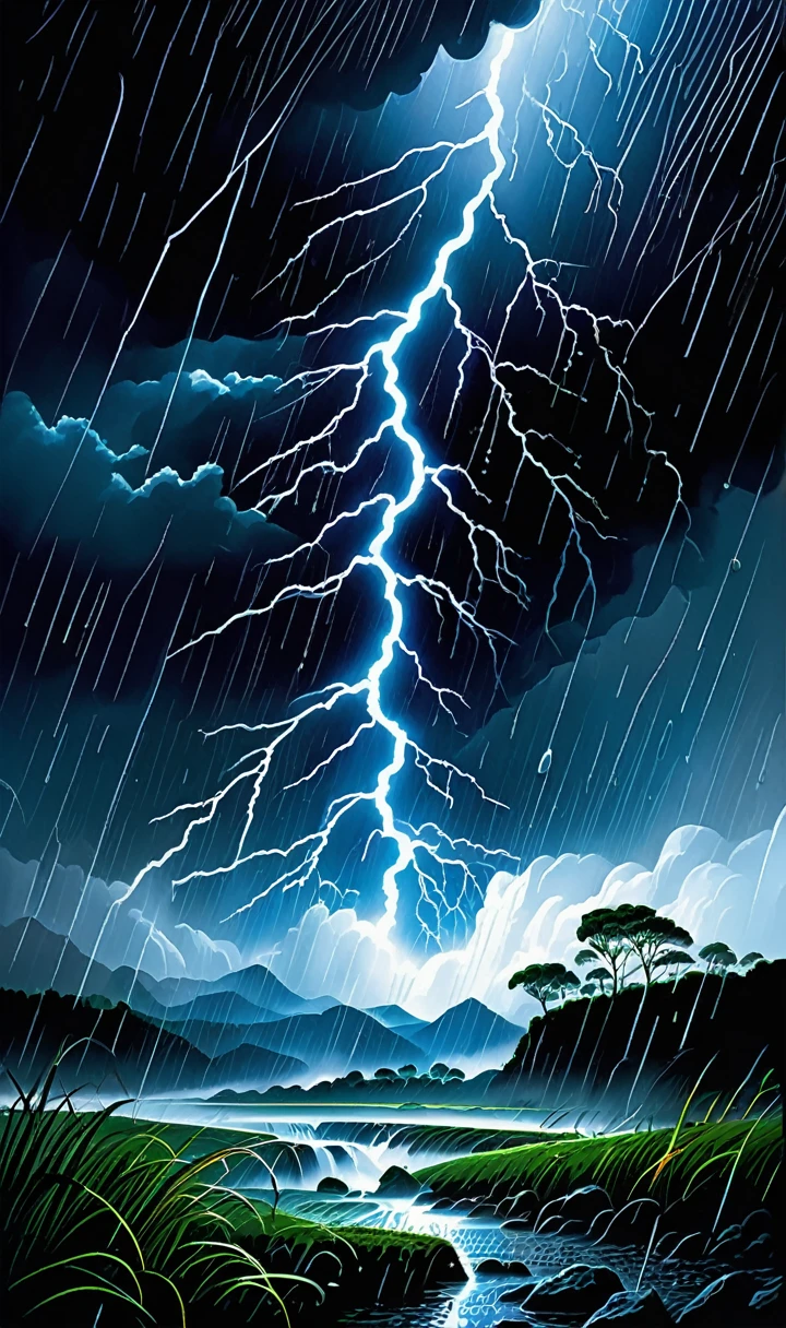 Depressed, distrustful, manipulative, Heavy rain: Falling drops create a symphony of thunder, John Martin and Carlos Berlanga's style, mirror image, surreal harmony, Ryoji Ikeda Style, Chiaroscuro
