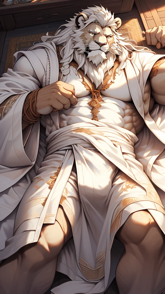 (masterpiece),(highres),(intricate details:1.4),extremely detailed,(illustration:1.2),8k,photorealistic,exquisite,(two persons), (Bold perspective),aged,elder male lion ,muscular, (Ancient Greek mythological style;1.8)(white robe:1.6),manhood,safeguard,(white hair:1.3),long hair,long white beard,scar,(badly damaged),(sacrifice),hurt,broken body ,(lying on the ground),(bulging crotch:1.8),(homosexual),(Caught tightly in the crotch:1.8)
