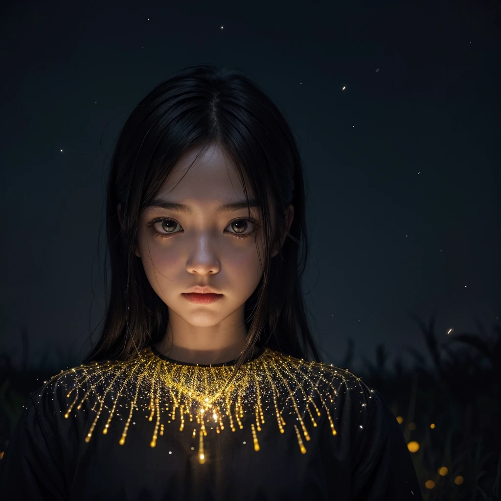A person made of fireflies, surrounded by fireflies.