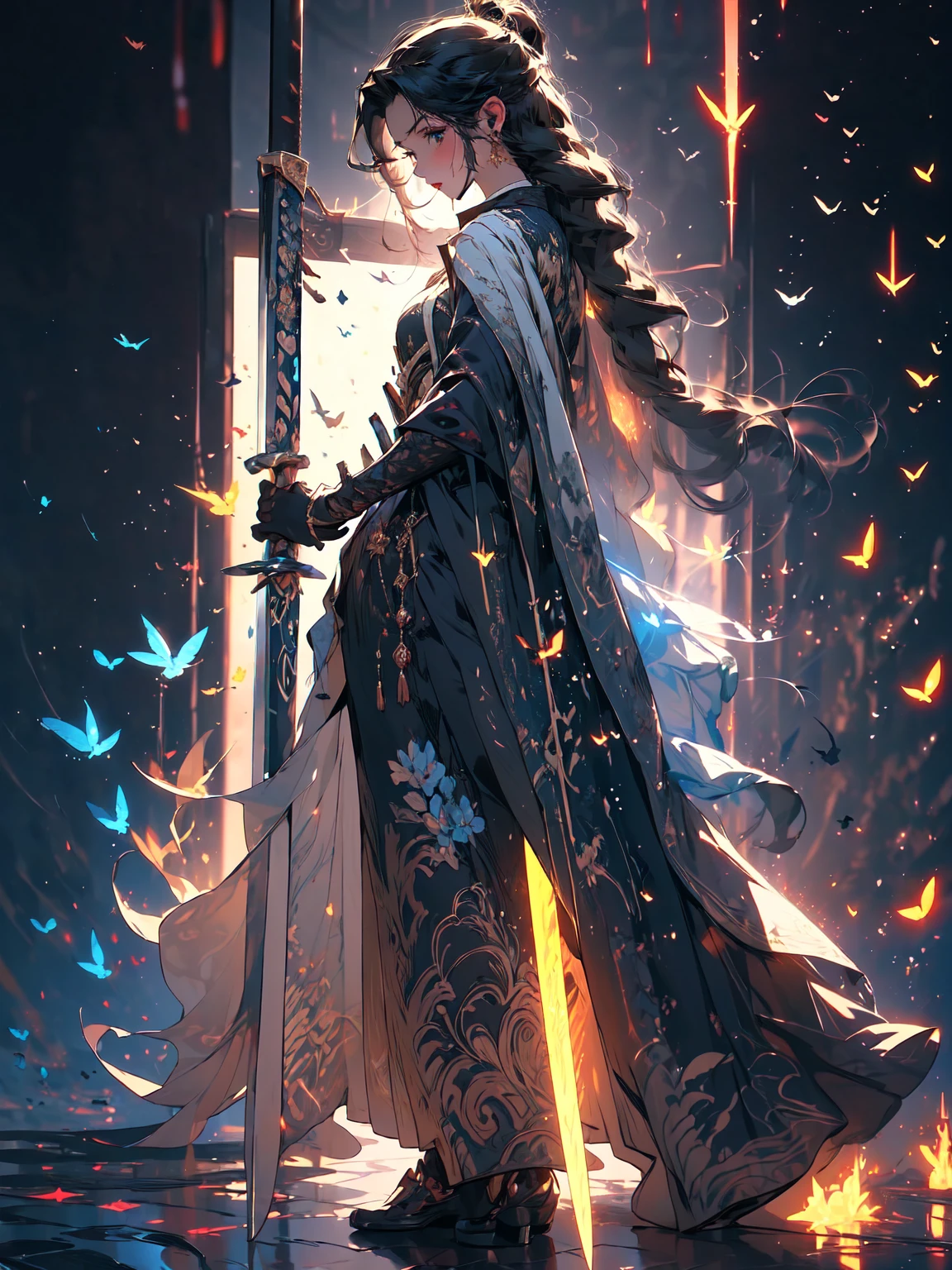Design a layout showcase Gaming character, (1girl). Golden+Purle clothes, stylish and unique, ((showcase weapon:1.4)), magic staff, (masterpiece:1.2), (best quality), 4k, ultra-detailed, (Step by step design, layout art:1.5), (luminous lighting, atmospheric lighting), magican, ((glove full hands)), (((revealing clothes:1.3))), vambraces, armored legwear, (((full_body_shot:1.4)))