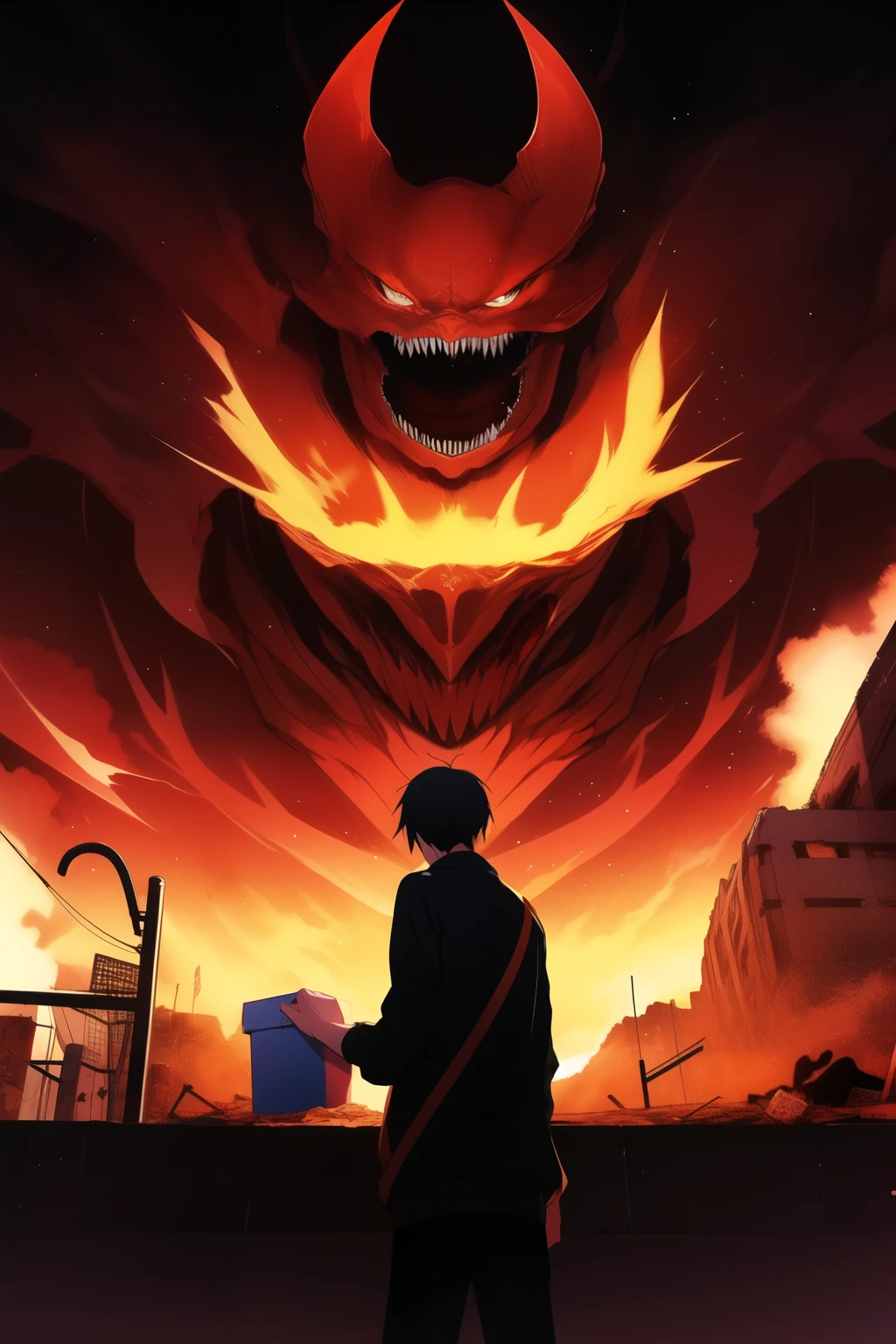 boy、High 、An illustration、Red scary devil behind、Has a creature box、end、The background is ruins