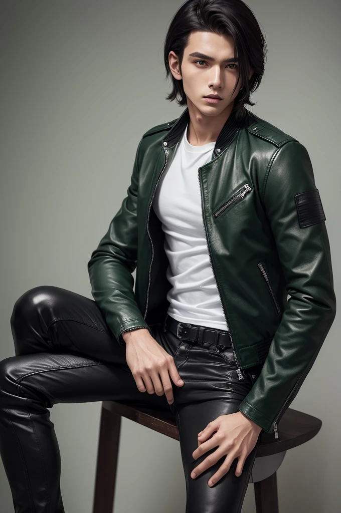 Boy shiryu long black caleos Green eyes Slim sportswear Leather jacket
