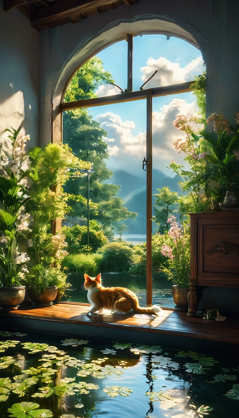 bigきな窓から雲がかかった楽園の眺めが楽しめる、Create a tranquil scene with a cat in a cozy room。, 4Kと8Kの解像度in非常に詳細なデジタルアートinレンダリング, Uses Octane、Inspired by the Romantic style. This concept art is sure to be a masterpiece of official illustration, Combining realism with sacred elements、Achieving the highest quality.

The room is warm, wooden interiors with Luxury furniture, Create a cozy and inviting atmosphere. big, An arched window occupies one wall., Surrounded by elegant drapes gently swaying in the breeze. Through the window, Mysterious, I see a paradise covered in clouds, Soft, Golden Light.

outside, The breathtakingly beautiful scenery、The area is covered with lush green hills.。, Bright green and shiny, Blooming Flowers. The sky is dark, Fluffy Clouds, 端が神聖な光in輝いている. Clouds move slowly, Creating ever-changing patterns of light and shadow over Paradise.

In the foreground, The quiet pond reflects the light of the heavens, Delicate, Glowing plants and ancient, 雄bigな木々. Mysterious生き物, Realistic and imaginative, Walking gracefully through the garden, Add a sense of wonder and serenity.

This composition is、Cozy interior of the room、雲に覆われたoutsideの楽園の息を呑むような景色を捉えています。. Rendering with Octane、Highlights the texture of wooden interiors, Luxury furniture, And the light of heaven, Create stunning realism and fantasy scenes.

All elements, 家具の精巧な彫刻からoutsideの輝く花まin, 鮮やかin没入感のある体験を創り出すために細心の注意を払って作られています. This digital artwork is、It embodies the serene imagination and perfect composition envisioned by artists such as Caspar David Friedrich and J. Mozart.。.Meters.in. Turner, A true masterpiece.