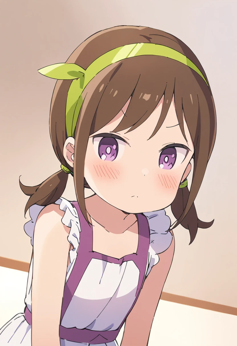 futaba,1girl,solo, brown hair, hairband, purple eyes, blush,looking at viewer, closed mouth, bangs, dress, green hairband,dress,twintails, white background,
