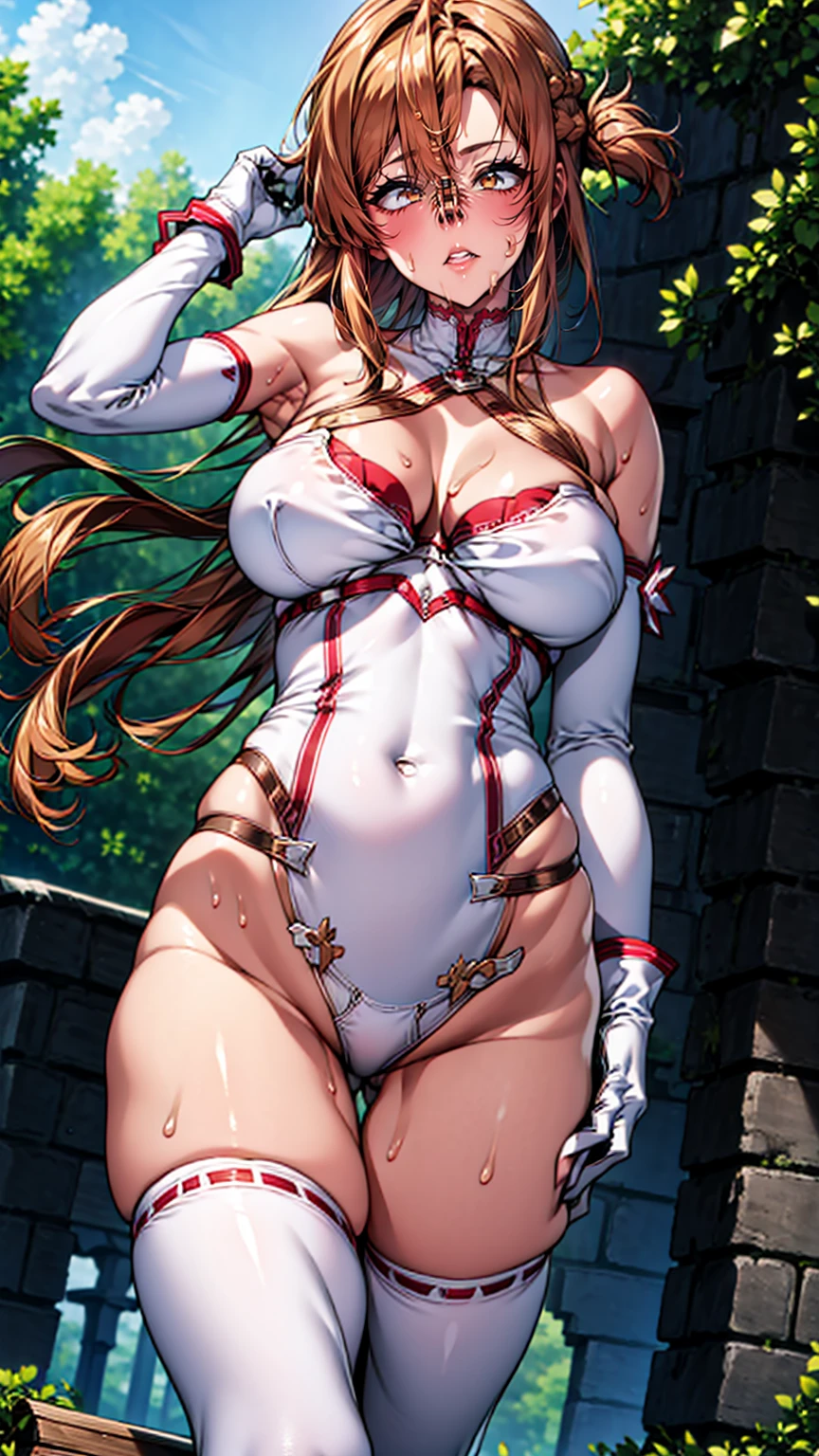 4K,High resolution,((masterpiece)), Highest quality, Very detailed,(One Girl),Yuki Asuna、Asuna (Stay), Brown eyes, Bare shoulders, , Long gloves, White gloves, (赤と白のdress), Long Hair, Beautiful background ,clothing, chest, Full body satin long gloves,,in the forest Knee-high socks、Long white elbow gloves, dress、Sexy、Brown Skin Camel Toe:1.4、(Sweat)、(vapor)、(((Long gloves:1.3)))、、Knee-high socks、Open your thighs wide to the left and right、crouch on the ground、Show the audience your crotch