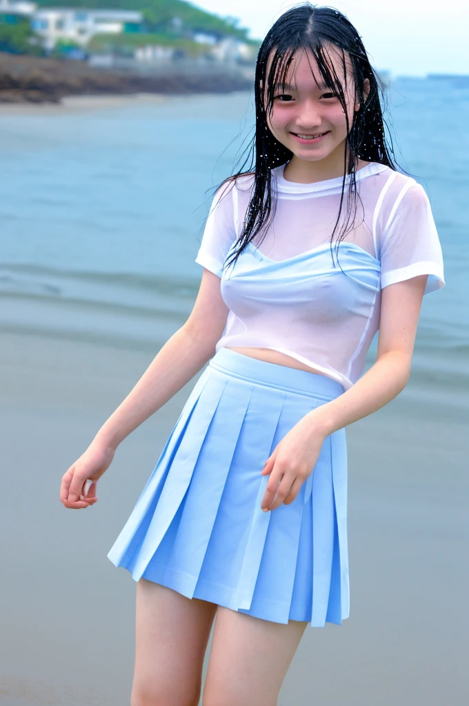 Highest quality, Ultra-high resolution, Japanese , high school, ,small breasts, under a wet transparent white shirt , conversation, smile, beach, a light blue very short skirt that is wet and has see-through underwear