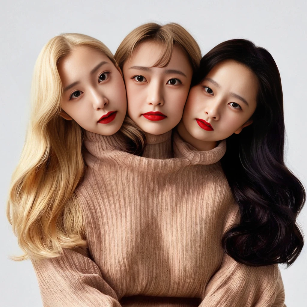 Best resolution, 2heads, korean woman with three heads, red lipstick sweater turtleneck, different faces