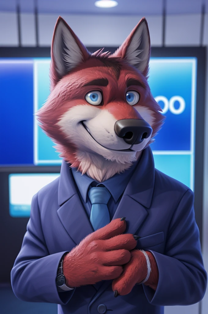 Ivan Fedorovich Wolfbach (Novosibirsk) ,tall handsome, wolf,young, 24 years, brown fur,Kind,(red body:1.3),beautiful blue eyes,Novosibirsk,dressed, Blue jacket, shirt, tie, blue pants, wolf, detailed fur, male,paw pads, finger claws,At the viewer, 5 fingers, paws, 5 fingers, smile, wrist watch, т nextel,by xenoforge, (difficult, high detail, digital photography, soft focus, RAW variety близко к камере, variety,Novosibirsk, smile, good mood, positive, Very close to the camera,presenter Moscow, TV channel Russia 1,lead photorealism, realistic, digital style, Subsurface scattering,looks at the squares, News studio, a good mood, funny, 
masterpiece, Best quality, ultra realistic, 8 thousand.)