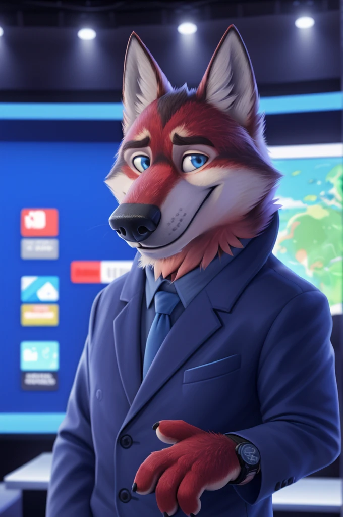 Ivan Fedorovich Wolfbach (Novosibirsk) ,tall handsome, wolf,young, 24 years, brown fur,Kind,(red body:1.3),beautiful blue eyes,Novosibirsk,dressed, Blue jacket, shirt, tie, blue pants, wolf, detailed fur, male,paw pads, finger claws,At the viewer, 5 fingers, paws, 5 fingers, smile, wrist watch, т nextel,by xenoforge, (difficult, high detail, digital photography, soft focus, RAW variety близко к камере, variety,Novosibirsk, smile, good mood, positive, Very close to the camera,presenter Moscow, TV channel Russia 1,lead photorealism, realistic, digital style, Subsurface scattering,looks at the squares, News studio, a good mood, funny,
masterpiece, Best quality, ultra realistic, 8 thousand.)