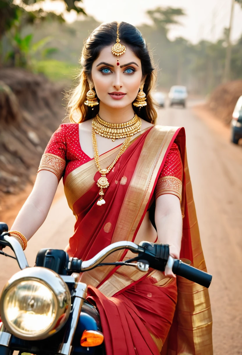 Blonde woman with blue eyes and pale skin as south indian bride in red golden saree with gold jewellery Ride bullet bike in road in saree