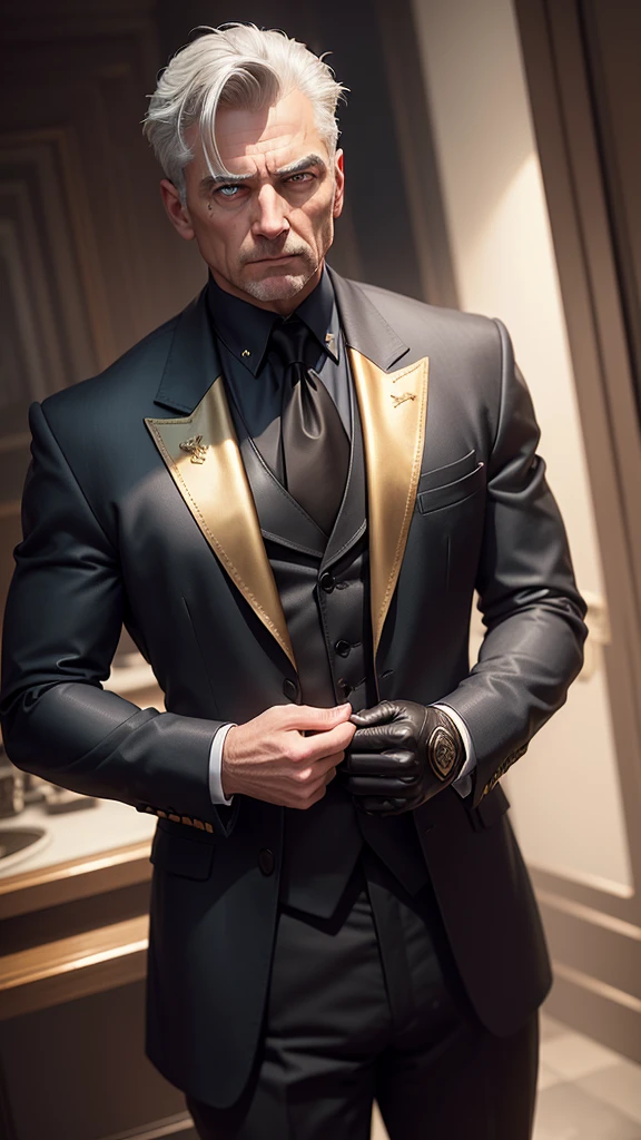 a middle-aged man, with short gray hair, combed back stiffly, with a penetrating gaze, with icy blue eyes. He wears an impeccable black suit with wide lapels and a golden eagle brooch on his chest. His face is marked by a scar that cuts across his right cheek, resembling a sharp blade. He wears black leather gloves, always keeping his hands covered. On her little finger, a silver ring displays the insignia of an inverted swastika, subtly hidden beneath the fabric of her gloves. With heavy, polished boots, with leather soles and black laces, laced with military precision. In his pocket, he carries a red silk scarf, always evaluating others with suspicion
