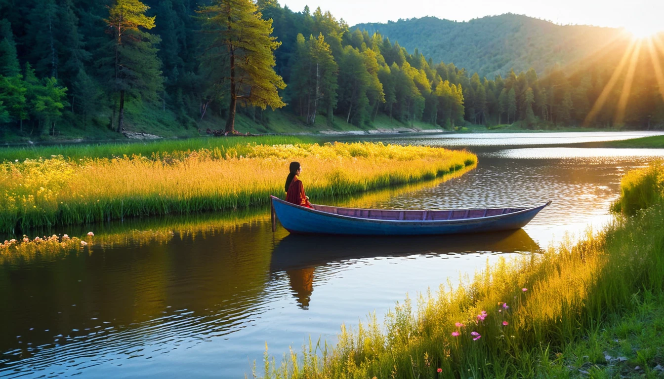 sight, nature, sky, outdoors, water, tree, grass, lake, flower, boat, sunlight, transport mode of transport, reflect, solo, river, female, forest, sunset, legendary scenery