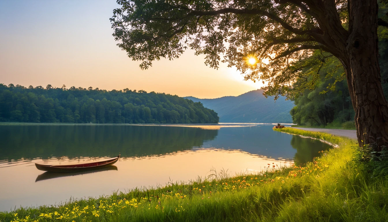 sight, nature, sky, outdoors, water, tree, grass, lake, flower, boat, sunlight, transport mode of transport, reflect, solo, river, female, forest, sunset, legendary scenery