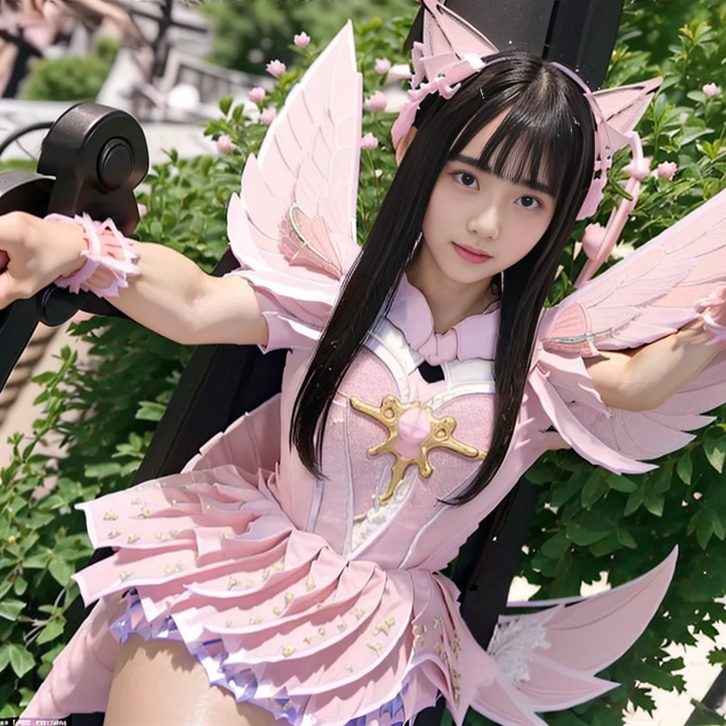 Highest quality, masterpiece, Very detailed, 8K, a 15 years old beautiful Japanese woman:1.5, Small face, blunt bangs, Black hair ponytail, ((Woman crucified on the cross:1.5, Breast Augmentation Surgery)), (Detailed pink magical girl heroine costume:1.5), remote_play, remote_Vibrate、　(climax:1.5)