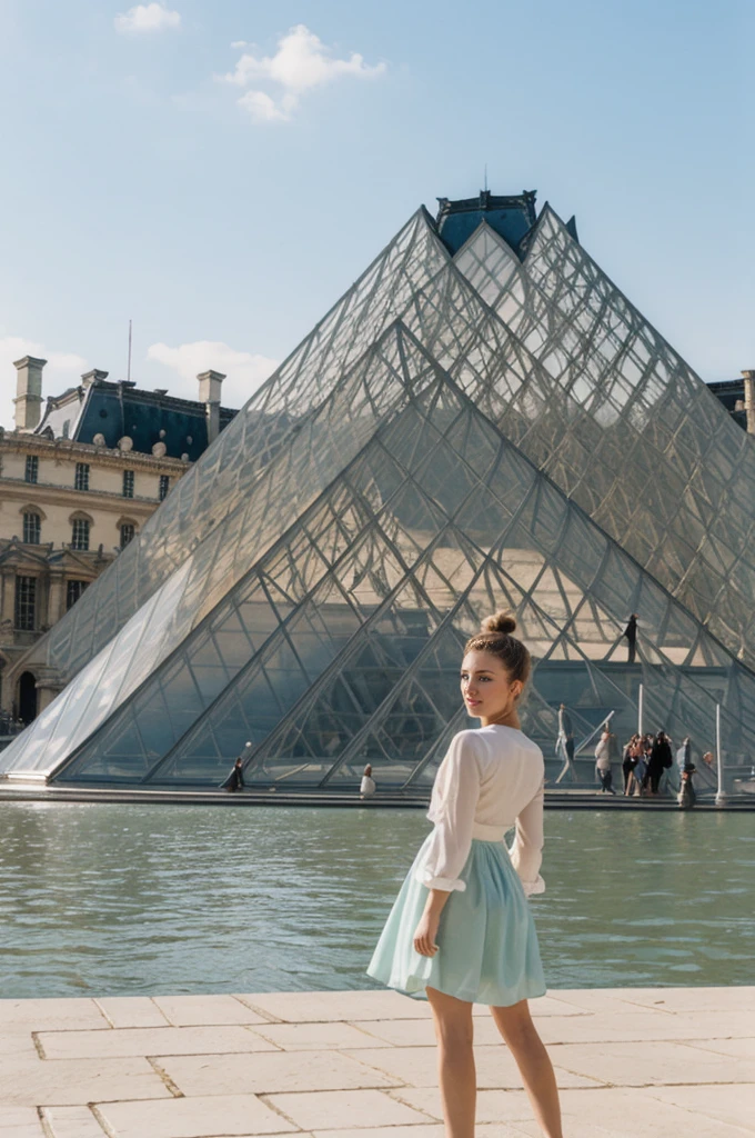 her name is An, high quality, 1girl, ((20-year-old fit Caucasian woman)), ((20 years old)), ((fit)), ((hair in a bun)), pose: standing, wearing pastel colored unique gen Z modern wear, BACKGROUND: "Your home exterior is a blend of classical architecture and modern glass pyramids, with views of the Seine River and the grandeur of the Louvre."
