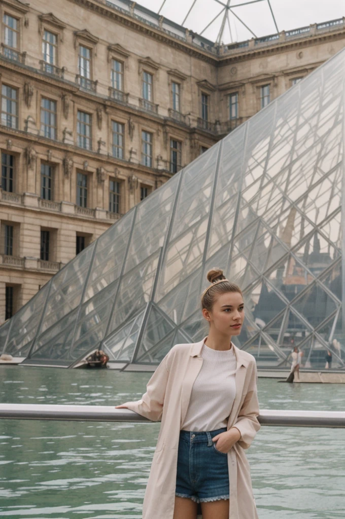 her name is An, high quality, 1girl, ((20-year-old fit Caucasian woman)), ((20 years old)), ((fit)), ((hair in a bun)), pose: standing, wearing pastel colored unique gen Z modern wear, BACKGROUND: "Your home exterior is a blend of classical architecture and modern glass pyramids, with views of the Seine River and the grandeur of the Louvre."