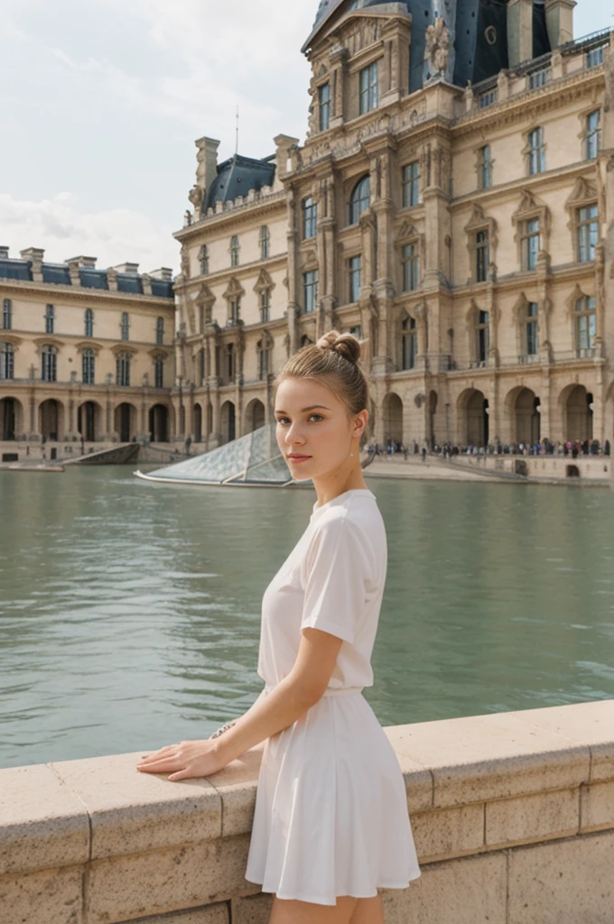 her name is An, high quality, 1girl, ((20-year-old fit Caucasian woman)), ((20 years old)), ((fit)), ((hair in a bun)), pose: standing, wearing pastel colored unique gen Z modern wear, BACKGROUND: "Your home exterior is a blend of classical architecture and modern glass pyramids, with views of the Seine River and the grandeur of the Louvre."