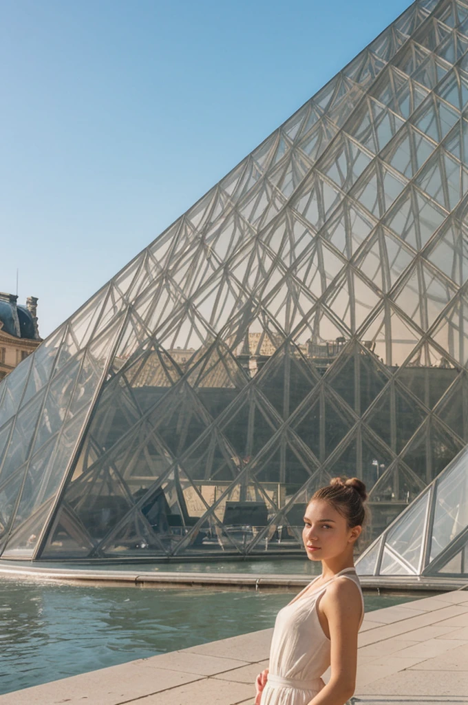 her name is An, high quality, 1girl, ((20-year-old fit Caucasian woman)), ((20 years old)), ((fit)), ((hair in a bun)), pose: standing, wearing pastel colored unique gen Z modern wear, BACKGROUND: "Your home exterior is a blend of classical architecture and modern glass pyramids, with views of the Seine River and the grandeur of the Louvre."