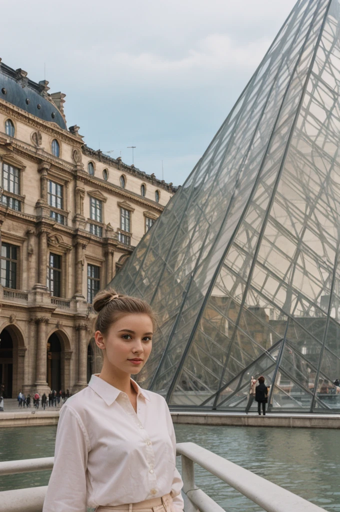 her name is An, high quality, 1girl, ((20-year-old fit Caucasian woman)), ((20 years old)), ((fit)), ((hair in a bun)), pose: standing, wearing pastel colored unique gen Z modern wear, BACKGROUND: "Your home exterior is a blend of classical architecture and modern glass pyramids, with views of the Seine River and the grandeur of the Louvre."