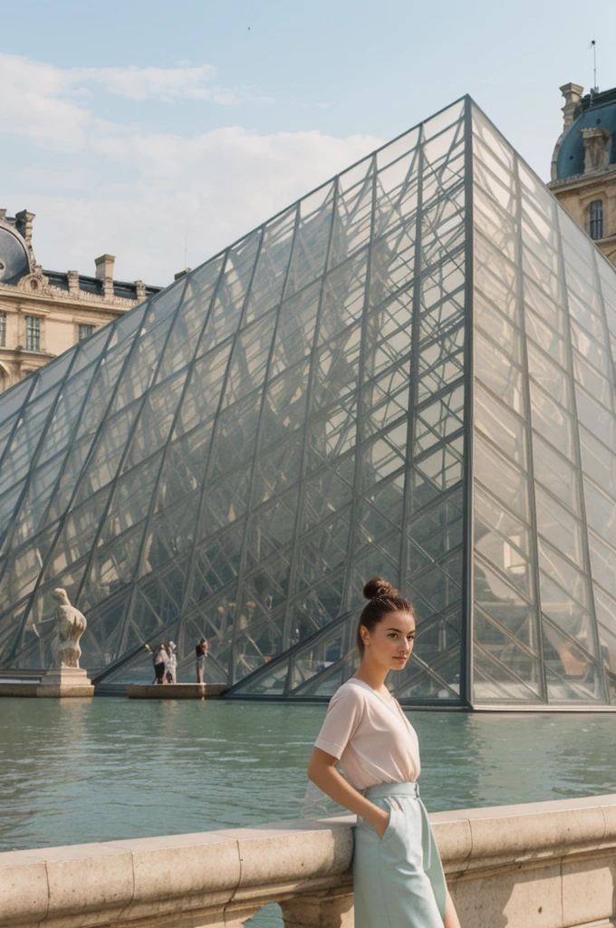 her name is An, high quality, 1girl, ((20-year-old fit Caucasian woman)), ((20 years old)), ((fit)), ((hair in a bun)), pose: standing, wearing pastel colored unique gen Z modern wear, BACKGROUND: "Your home exterior is a blend of classical architecture and modern glass pyramids, with views of the Seine River and the grandeur of the Louvre."