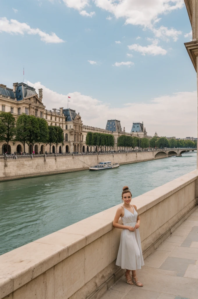 her name is An, high quality, 1girl, ((20-year-old fit Caucasian woman)), ((20 years old)), ((fit)), ((hair in a bun)), pose: standing, wearing pastel colored unique gen Z modern wear, BACKGROUND: "Your home exterior is a blend of classical architecture and modern glass pyramids, with views of the Seine River and the grandeur of the Louvre."