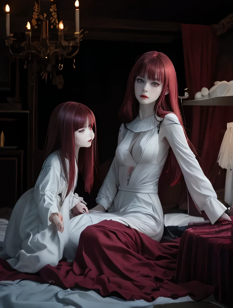 The hag entity sleep paralysis,red haired,creepy red eyes,fangs,pale skin,red wine claws,creepy white pajamas dress,children,vampire,thin body,nice hands,nice fingers,nice mouth,nice face,nice body,perfect anatomy,children black eyes,blood mouth,blood sharp teeth,blood sheet covering the feets,perfect face,masterpiece, highres, an image of a beautiful terror fairy goth,red wine hair best quality, 8k, best quality, ultra-detailed,girl, , ,lilsis, dirty, blood pajamas dress, red wine hair,long pajamas dress,vampire, horror \(theme\), glowing eyes, creepycute,scary,covered covering the legs,horror art, (bed:1.4)