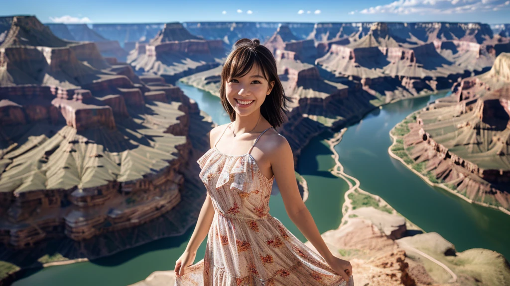 Master piece, CG Unity 8k walpaper, ((Realistic)), Ray Tracing,  girl, Ultra Realistic, ultra HD, ((Sundress dress)), ((Grand Canyon River)), Standing beside River, River has Floting water, Canyon Mountains, Beautiful smile, ((smile)), cactus, 