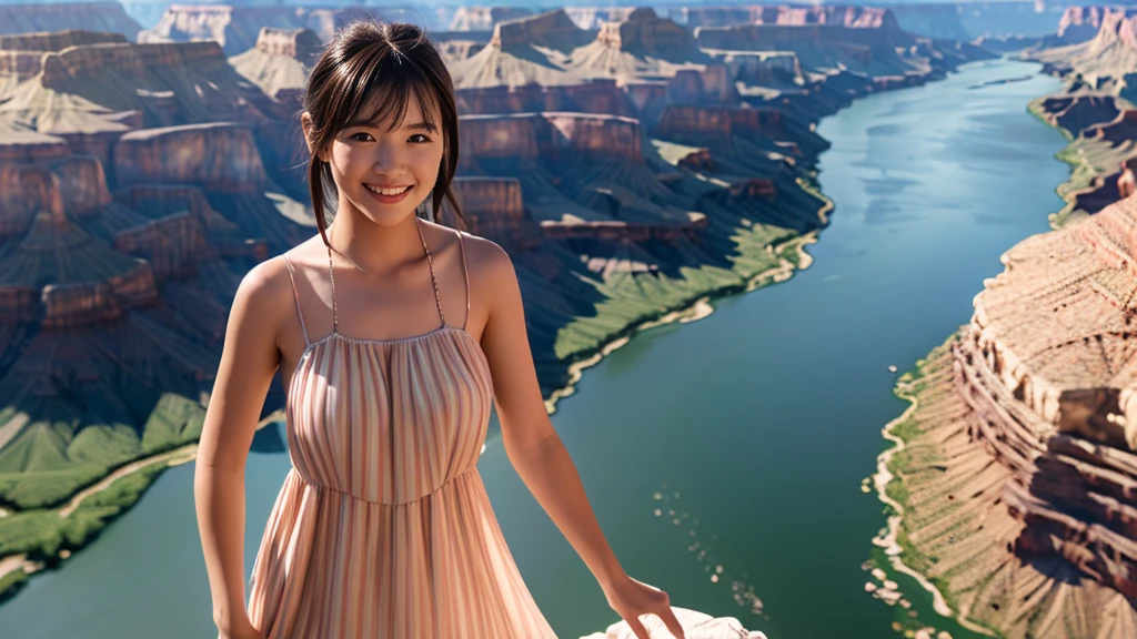 Master piece, CG Unity 8k walpaper, ((Realistic)), Ray Tracing, 16 years girl, Ultra Realistic, ultra HD, ((Sundress dress)), ((Grand Canyon River)), Standing beside River, River has Floting water, Canyon Mountains, Beautiful smile, ((smile)), cactus,