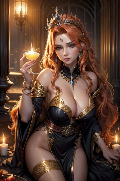 Beautiful sorceress milf 50 years old firm body perfect breasts face would be blushing black robe tiara gold bracelet drawn dark fantasy style wavy orange hair 