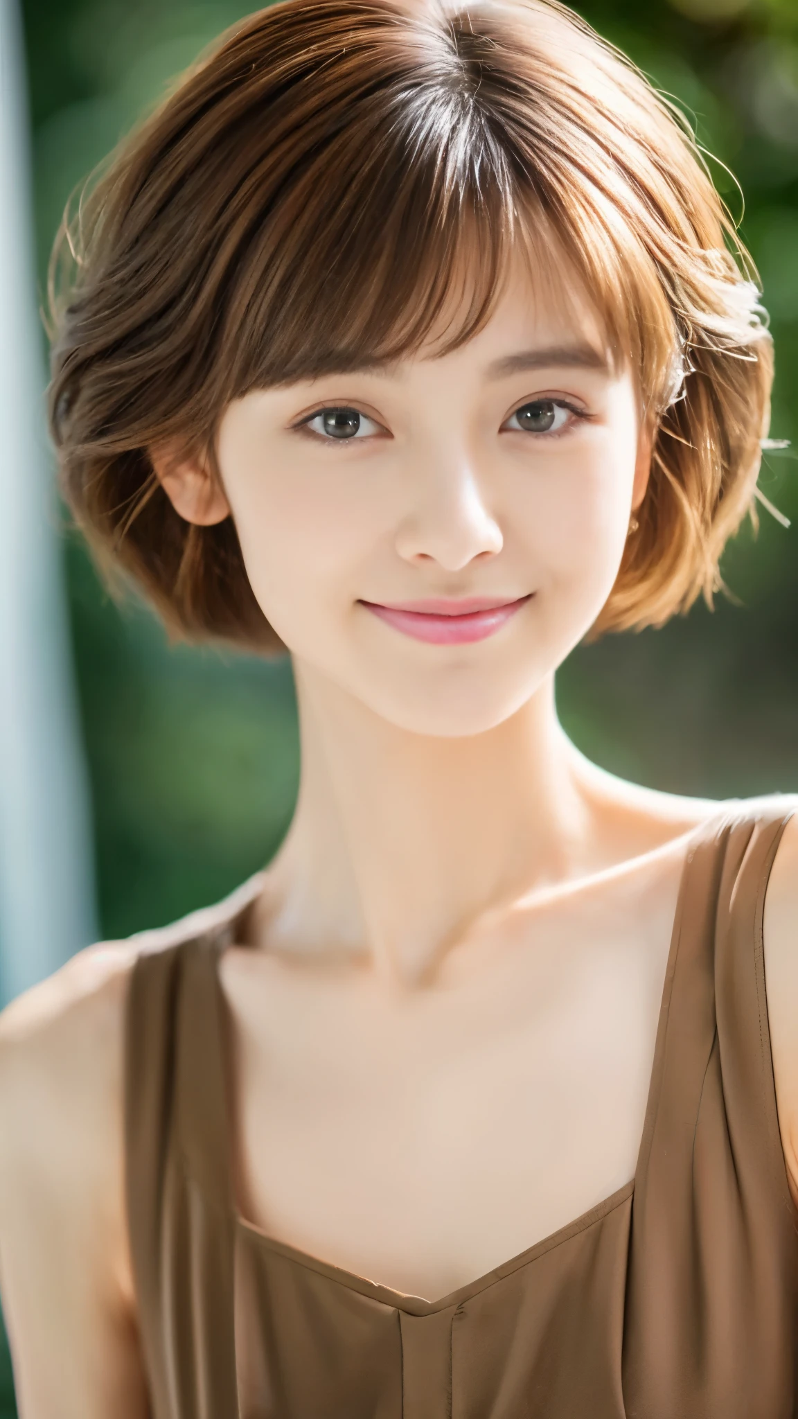 ((Best Quality, 8K, Masterpiece: 1.3)), 1 Girl, Slim Abs Beauty: 1.3, (Hairstyle Brown Hair Shortcut, ), Dress: 1.1, Super Slender Face, Delicate Eyes, Double Eyelids, Smile, Home, Raw Photo