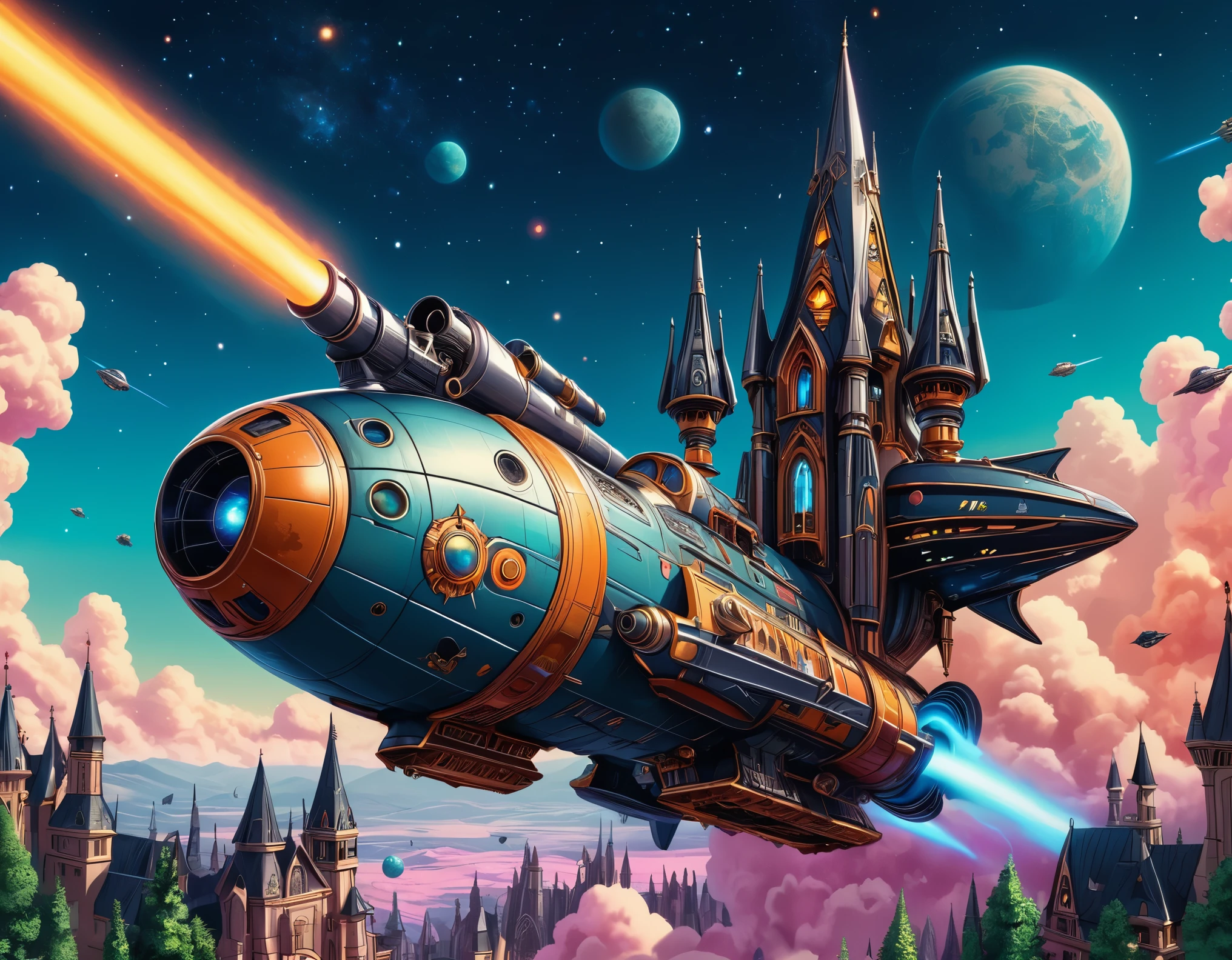 (Cute cartoon style), (vintage spaceship with Gothic spires and long cannons:1.2) (space war in the sky:1.2), epic nature scenery, intricate design, bright colors, masterpiece in maximum 16K resolution, best quality, ultra detailed, Star Wars aesthetics, absurdes.