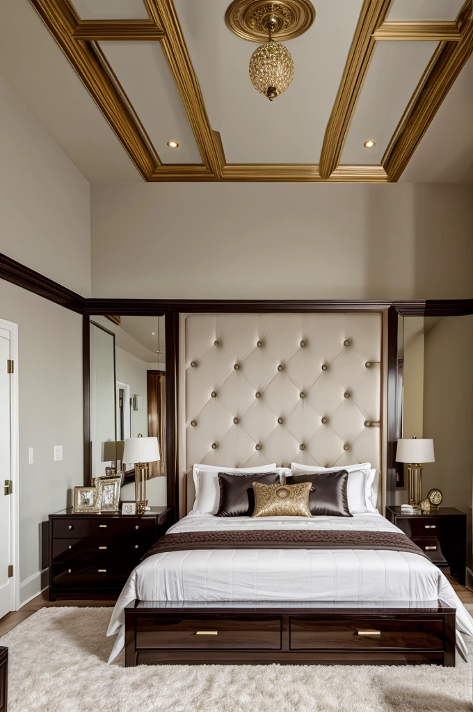 Imagine a modern and luxurious bedroom set consisting a king-size bed and a dresser.