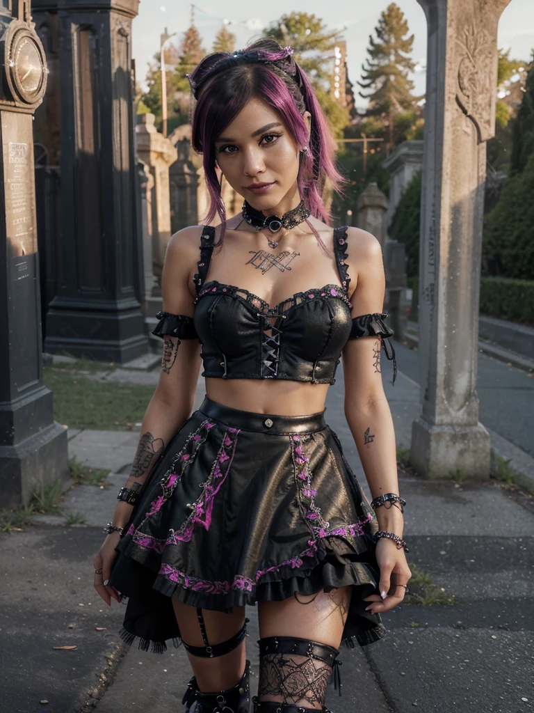 8k, raw photo, very realistic, realistic photo of sexy stylish female model, only 1 female, ((doll-like appearance)), long dramatic stylish hair, ((shiny Punk-Style boots)), (big smile), ultra detailed eyes, Punk makeup, lipgloss, ((sexy Punk Lolita cosplay)), ((skinny, tanned skin), unconventional skirt, petticoats, high neckline, ((ultra detailed lace)), ((ultra detailed embroidery)), intricate details, tartan patterns, safety pins, Punk Lolita accessoires, Punk Lolita choker, ((large sparkling Punk Lolita jewelry)), cinematic light, detailed cemetery background with graves