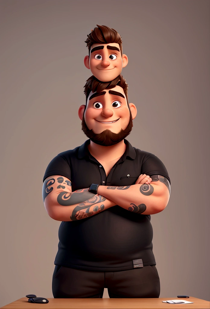 A 25 year old man with his arms crossed , with a chubby face , with tattoo on the right arm , earring in both ears, Grinning , with a thin beard, black leagwear , the background as if it were a marketing agency full of computers and laptops