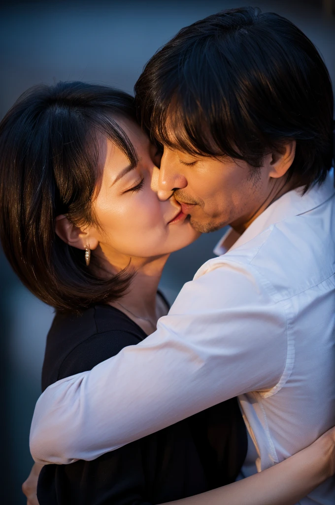 (masterpiece, Highest quality, High resolution)),45-year-old husband,Wife of 40 years,Japanese,hug,kiss,woman,Short Bob,Closed eyes,Night city background,Earrings