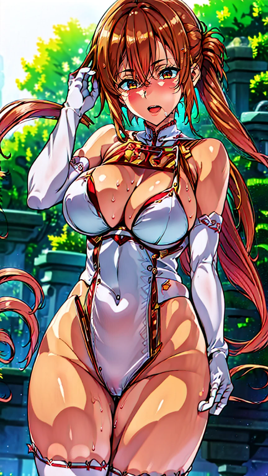 4K,High resolution,((masterpiece)), Highest quality, Very detailed,(One Girl),Yuki Asuna、Asuna (Stay), Brown eyes, Bare shoulders, , Long gloves, White gloves, (赤と白のdress), Long Hair, Beautiful background ,clothing, chest, Full body satin long gloves,,in the forest Knee-high socks、Long white elbow gloves, dress、Sexy、Brown Skin Camel Toe:1.4、(Sweat)、(vapor)、(((Long gloves:1.3)))、、Knee-high socks、Open your thighs wide to the left and right、crouch on the ground、Show the audience your crotch