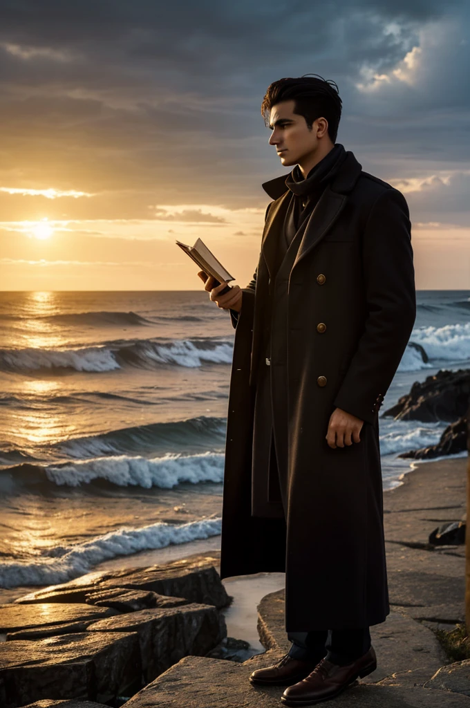 Imagine a young man with a passionate and melancholic appearance., dressed in a long dark coat that flutters slightly in the wind. He is standing on top of a rocky cliff, with the rough sea stretching beneath it and the cloudy sky turning golden at sunset. His gaze is lost in the distance, with an expression of introspection and longing. In his hand he holds an old book of poetry, symbol of his connection with literature and the deep emotions that surround him