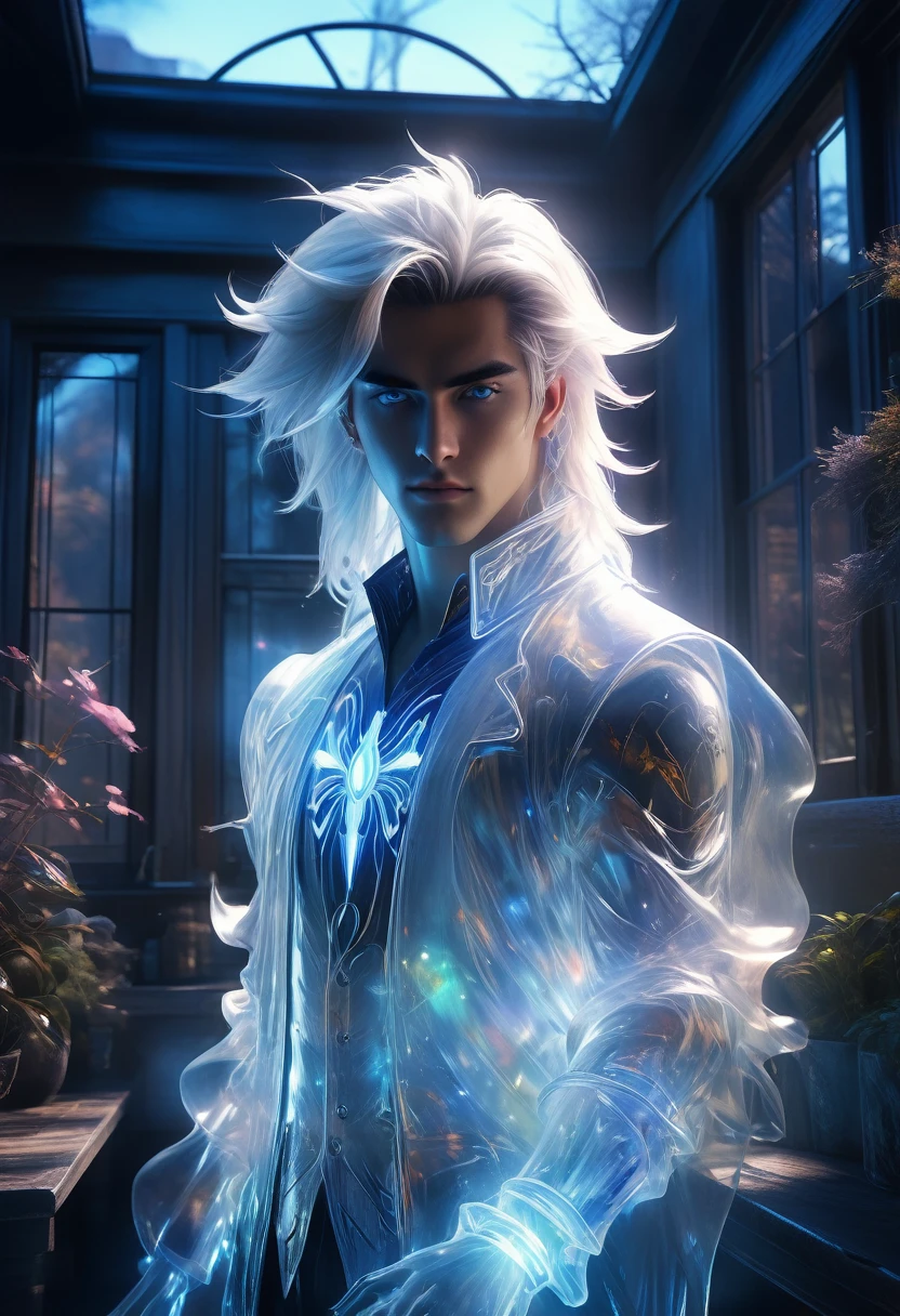 full view of a gorgeous anime male beautifulsensual,25 years old, blue pastel eyes, white wisp silky long hair pulled up, freckles, piercings and tattoo foil masterpiece neon body art, drawing on a high tech glass draft drawing table, with blue print works of luxury apartments strewn about, a ghostly, solid white whispy, smokey phantom ghoul of a handsome male stands near perfect composition of a beautiful large bay window, a garden is in view out the window, the sun shines within a gorgeous cottage structure image in 32k resolution. The scene is illuminated by an alluring backlight and a light-blue ambient light, which cast a breathtaking glow on a crystal and glass structure, that appears to be a piece of transparent, 3D, sci-fi technology.setting, glass texture, super reflective, 32 k, unreal engine 5, hyperrealistc,
This technology exhibits intricate details and is super reflective. An anime-inspired high-textured glass, ultra-quality matte, yet radiates neon light. The overall image has deeply saturated complementary colors, adding a fantastical element to the overall concept art. This entire set-up appears to be an engaging splash screen for a trending Unreal Engine game. Please make this as detailed and photorealistic as possible, akin to a high-quality matte painting.
detailed intricate insanely detailed, octane render trending on artstation, 32 k artistic photography, photorealistic concept art, soft natural volumetric cinematic perfect light, chiaroscuro,
