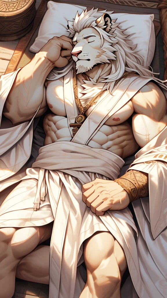 (masterpiece),(highres),(intricate details:1.4),extremely detailed,(illustration:1.2),8k,photorealistic,exquisite,(two persons), (Bold perspective),aged,elder male lion ,muscular, (Ancient Greek mythological style;1.8)(white robe:1.6),manhood,safeguard,(white hair:1.3),long hair,long white beard,scar,(badly damaged),(sacrifice),hurt,broken body ,(lying on the ground),(sleeping:1.6),bulging crotch:1.8),(naked upper body:1.9)