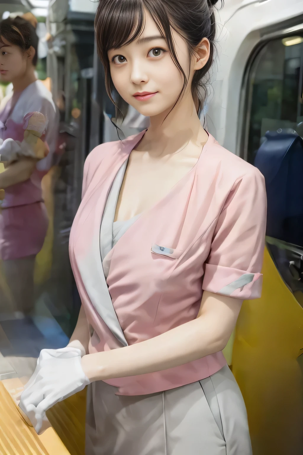 (masterpiece:1.2, Highest quality:1.2), 32k HDR, High resolution, (alone、1 girl)、 (Height: 160cm)、(On the rooftop of a building in the daytime、Professional Lighting)、Building rooftop background、(Nankai train crew uniform pinkを着たリアルスタイル)、(Nankai train crew uniform pink short sleeve collarless pink jacket、Nankai Train Crew Uniform Pink Collarless Short Sleeve Blouse、Nankai Train Crew Uniform Pink Grey Knee-length Culottes)、(The pink jacket is showing from the culottes.)、Dark brown hair、(Hair tied up、Hair tied up、Evening curly hairstyle)、Dark brown hair、Long Shot、Big Breasts、Thin legs、((Great hands:2.0)),((Harmonious body proportions:1.5)),((Normal limbs:2.0)),((Normal finger:2.0)),((Delicate eyes:2.0)),((Normal eyes:2.0)))、smile、(Nankai Train Crew Uniform Pink Grey Knee-length Culottesを見せた美しい歩く姿)、Big Breastsを見せる、Showing her breasts through her jacket、Place your hands around your stomach