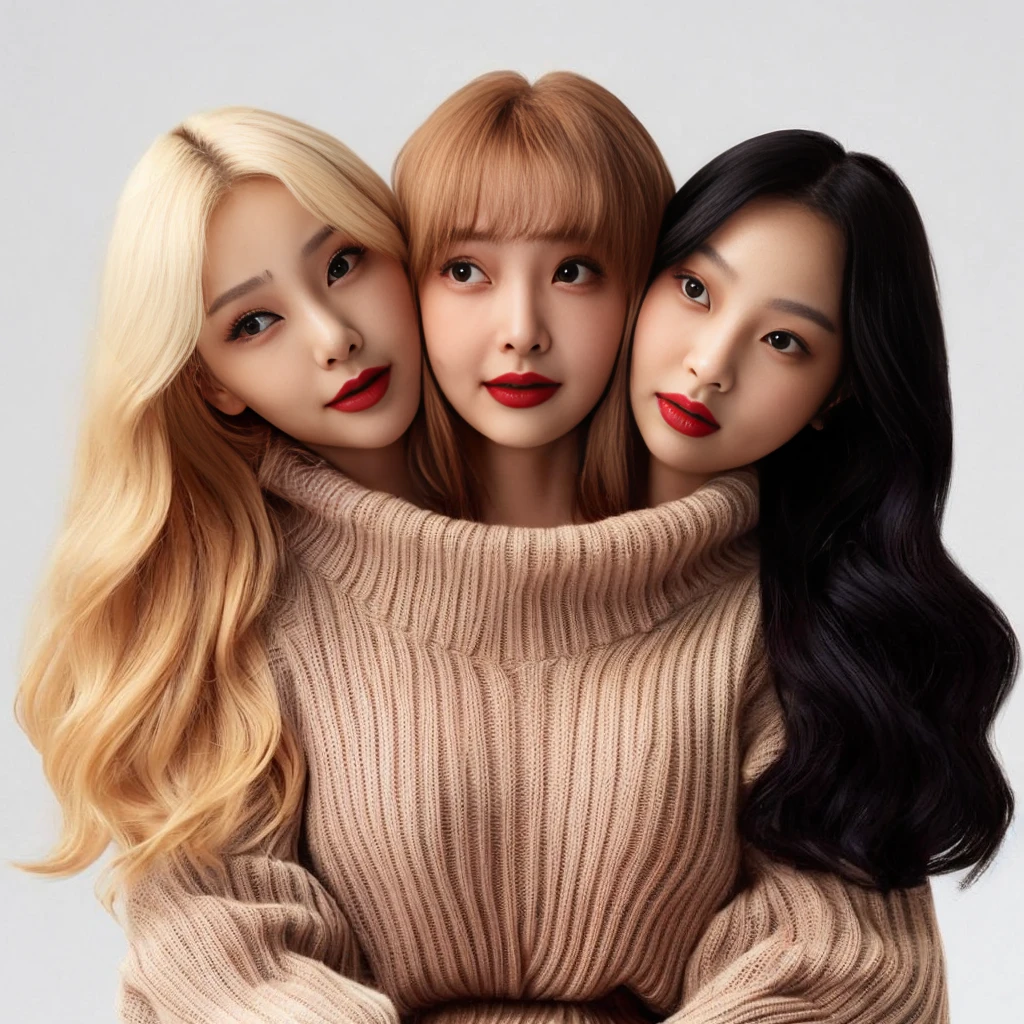 Best resolution, 2heads, korean woman with three heads, red lipstick sweater turtleneck, different faces