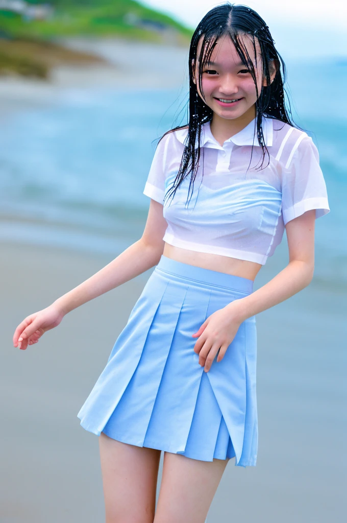 Highest quality, masterpiece m super high resolution, Japanese , high school,16 years old ,small breasts, under a wet transparent white shirt, sow off white panties under a wet transparent light blue short skirt , touch pussy, pussy juice, masturbation , conversation, smile, beach, hard rain
