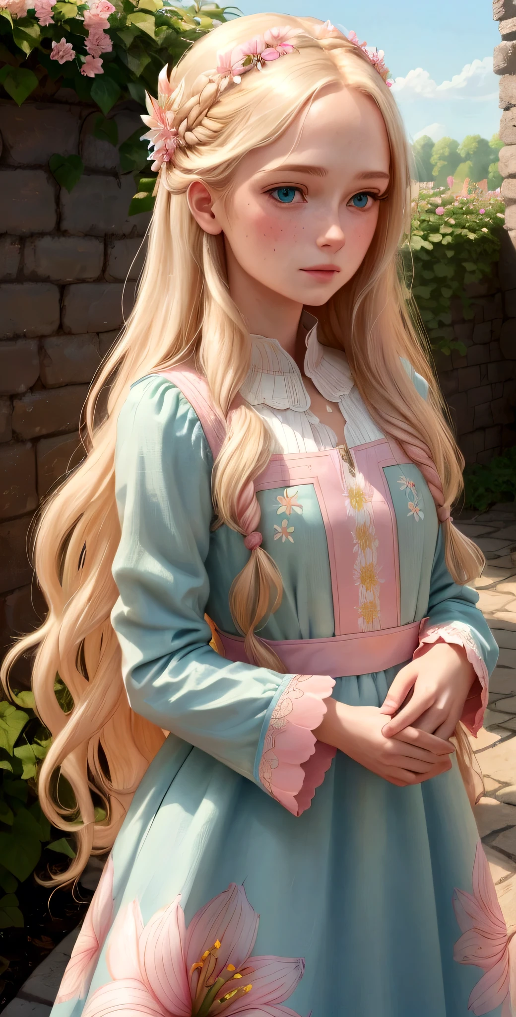 Anna, with her long, wavy blond hair, warm green eyes, and pink dress with a floral pattern, gently places a hand on Lily's shoulder. Lily, with her long blond hair, sparkling blue eyes, and light blue dress adorned with small flowers, looks up at her mother. They both look at each other with warm expressions. Behind them, the garden's vibrant colors and a clear blue sky provide a picturesque background. (good quality:1.2), (Ultradetailed:1.2), (ultradetailed face:1.2), (ultradetailed body:1.2)