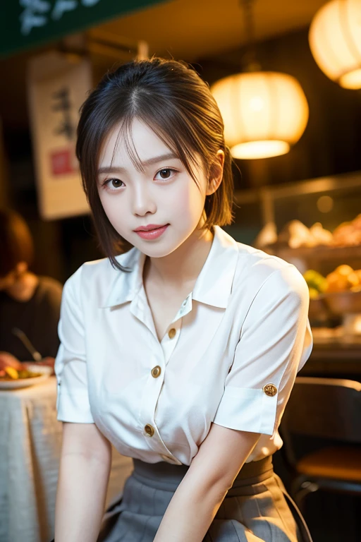 (A beautiful Korean actress, age 22, wearing formal White shirt with buttons, grey mini-skirt & choke on neck, relaxing in night market, thoughtful expressions, kind smile, dimpled chins, cute snaggle-tooth, short bob hair ponytail, symmetrical face, realistic detailed face, beautiful detailed eyes, perfect body proportions, ample round bosoms, photorealistic, hyper-realism, high contrast, ultra HD, realistic skin textures, top image quality, top-quality, super high resolution, fine details, very meticulously, masterpiece, head to knees, High Angle Shot, bokeh background)