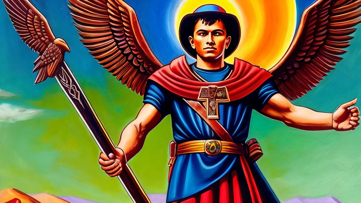 Saint Expedite full body modernized hyperrealistic icon Catholic religious faith stepping on the crow with vibrant colors, he steps hard on the crow with his right foot, his body has to be on the right side