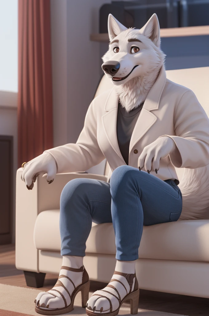 Barbara\(Moscow\), (white body:1.3), white fur, Brown eyes, Moscow, dressed, denim jacket, jeans, pink open-heeled sandals, dog, wolf, Detailed fur, Woman, breasts, anthro, paw pads , finger claws, treats guests, waving to the viewer, 5 fingers, paws, 4 toes, ring, sitting at home
BREAK from nextel, for dating, from xenoforge, (complex, high detail, film shooting, soft focus, RAW sitting at home, 
Photorealism, realism, photorealism, digital style, Subsurface scattering,
masterpiece, Best quality, ultra realistic, 8k)