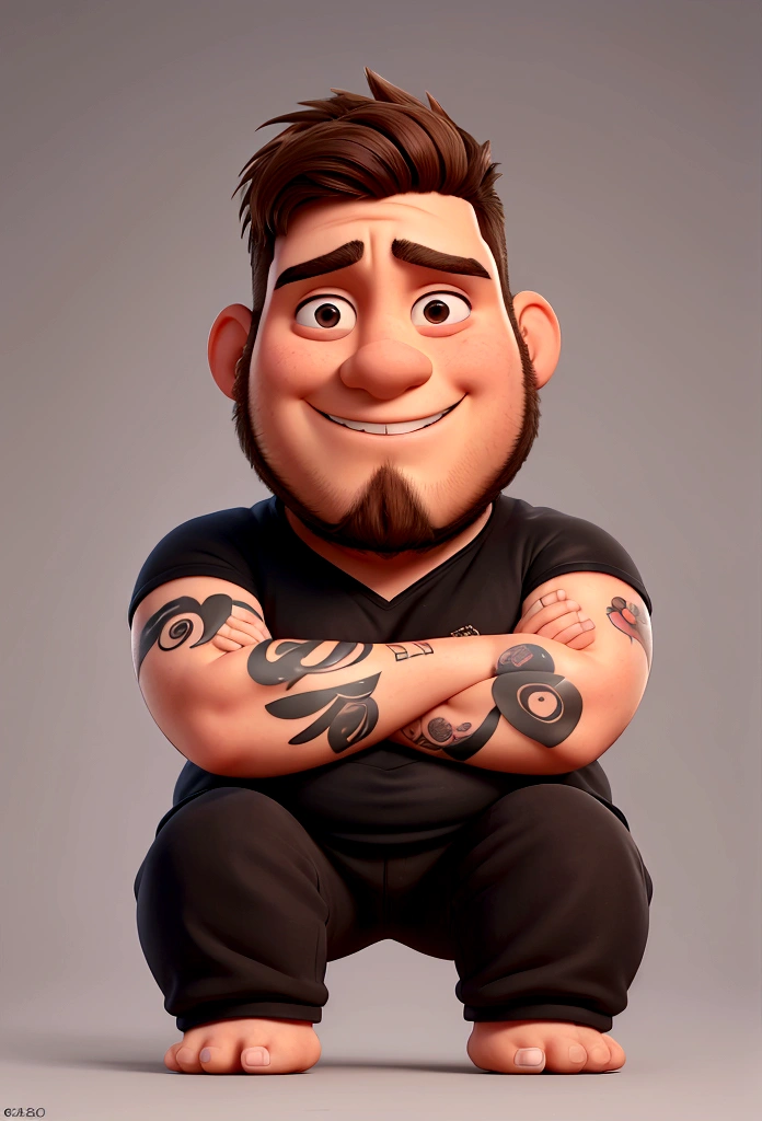 A 25 year old man with his arms crossed , with a chubby face , with tattoo on the right arm , earring in both ears, Grinning , with a thin beard, black leagwear